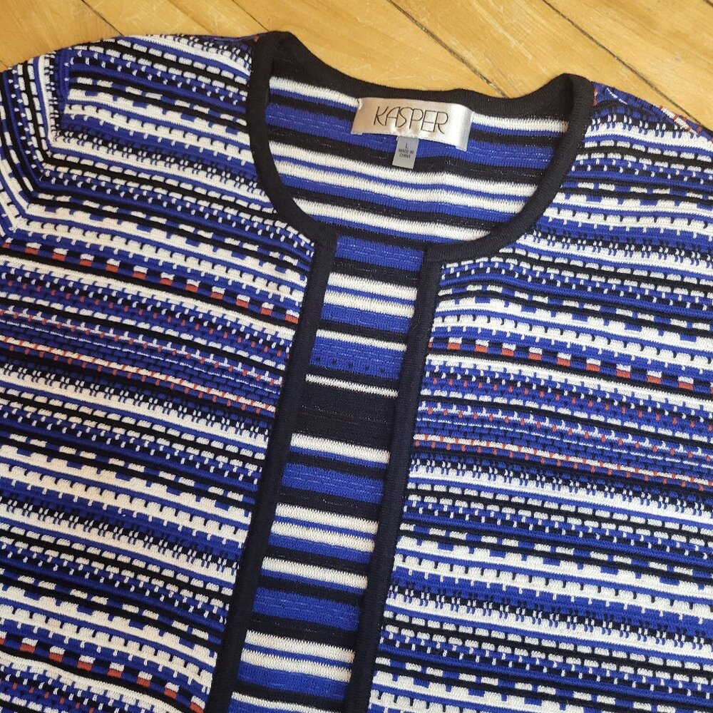 Kasper‎ Blue Striped Cardigan Sweater Large Cotton Blend Button Front Geometric
